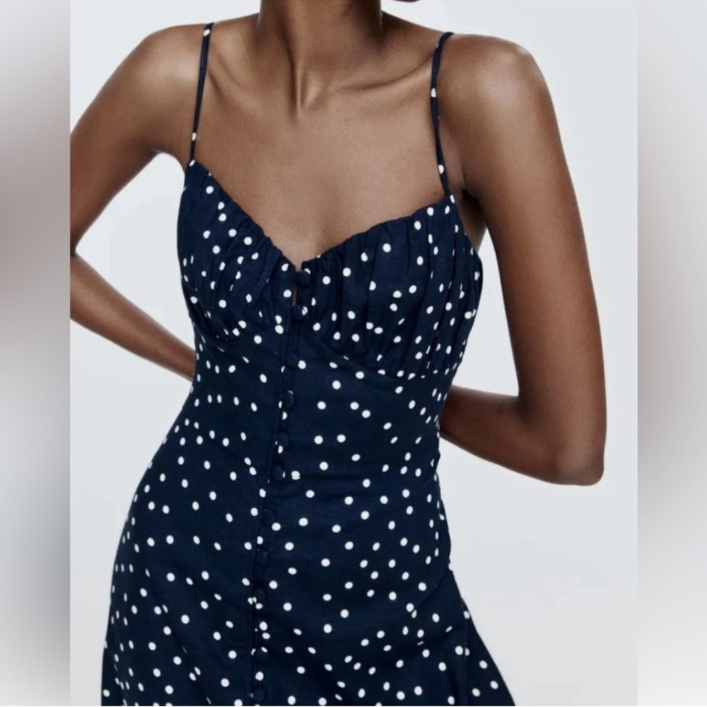 Zara Linen Blend Polka Dot Slip Midi Dress Navy - Picture 2 of 10